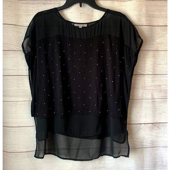 Jennifer Lopez Black Blouse with Gold Stud Beads Sheer Tiers and Shoulders XS - Picture 1 of 15